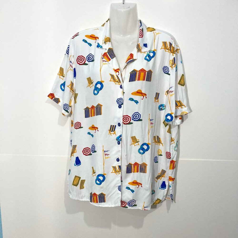 YOUR SIXTH SENSE C&A Button up SHIRT Beachy Short sleeve White Multi UK 14 Y2K